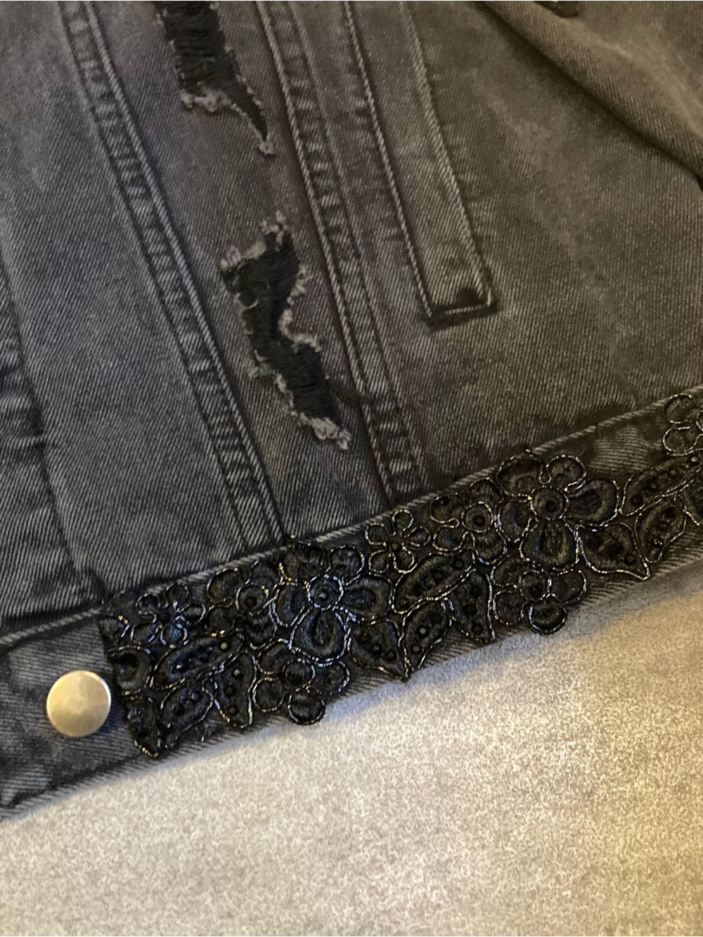 “Wisdom” Black Distressed Denim Jacket with Red Snake Appliqué - Picture 9 of 9